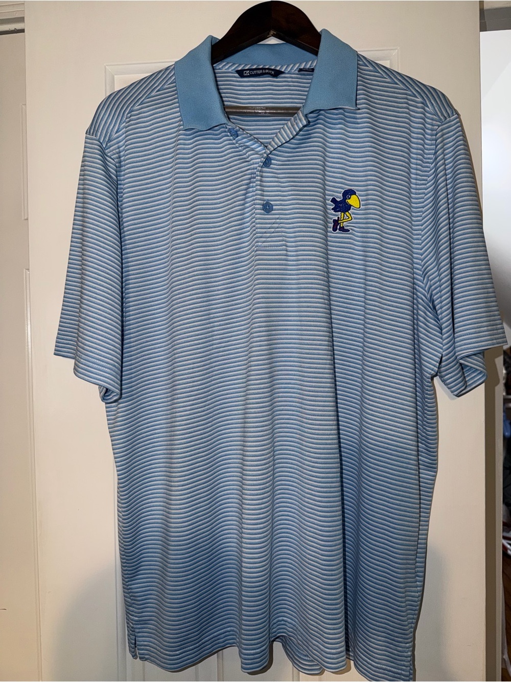 Cutter & Buck Light Blue Striped Polo with KU Mascot Embroidery